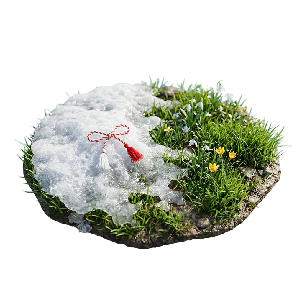A pile of melting snow with green grass and small yellow and white flowers growing around it. A red and white tassel lies on top of the snow.