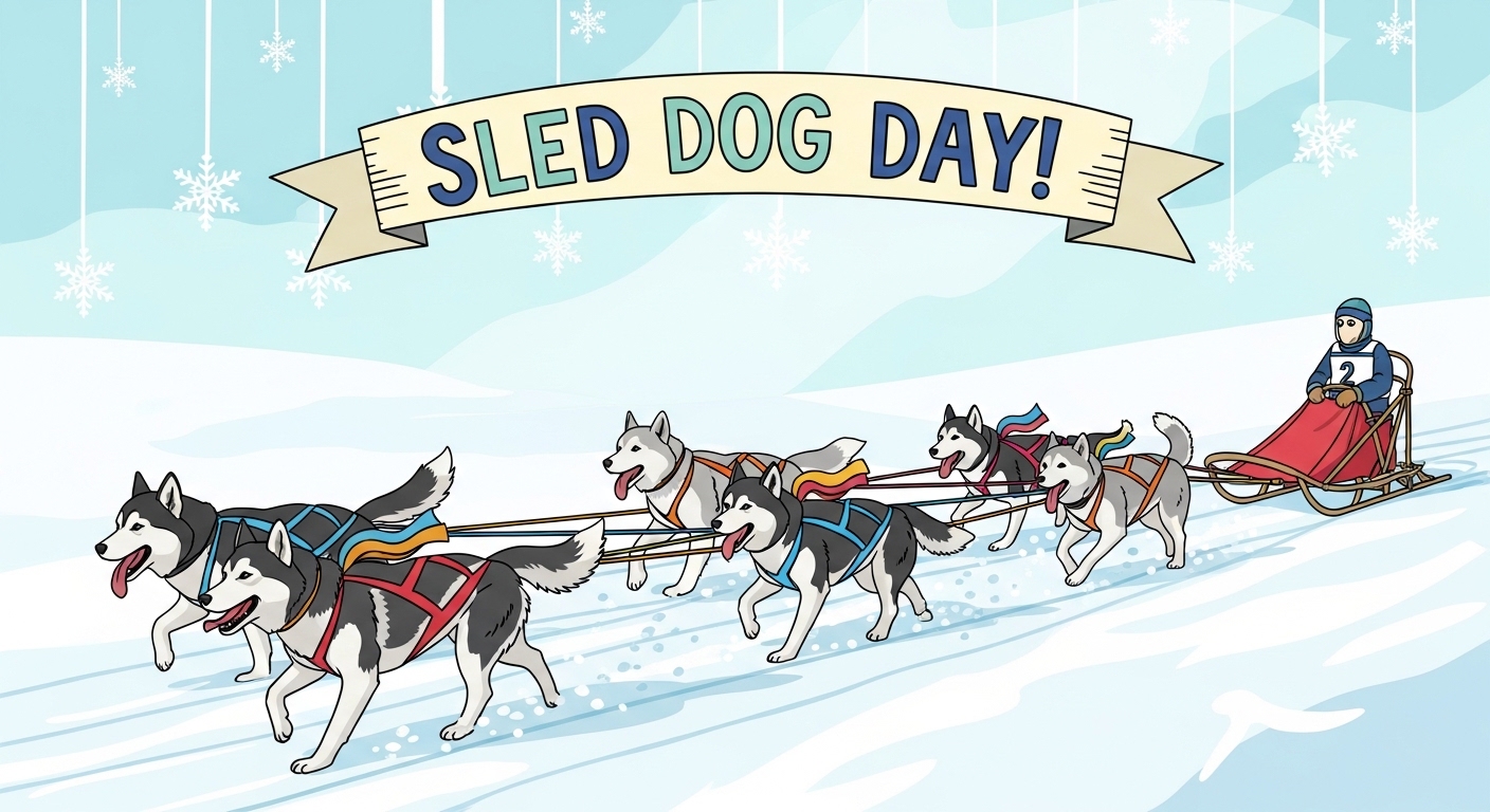 Winter Sled Dog Mushing Event: Husky Team Pulling Sled with Musher and Celebration Banner - Feature Imagefeb 02 2
