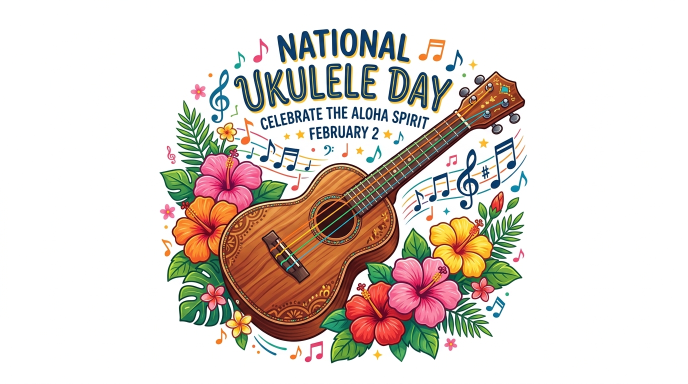 National Ukulele Day Celebration. Tropical Flowers, Ukulele, and Music Notes Illustration. - Feature Imagefeb 02