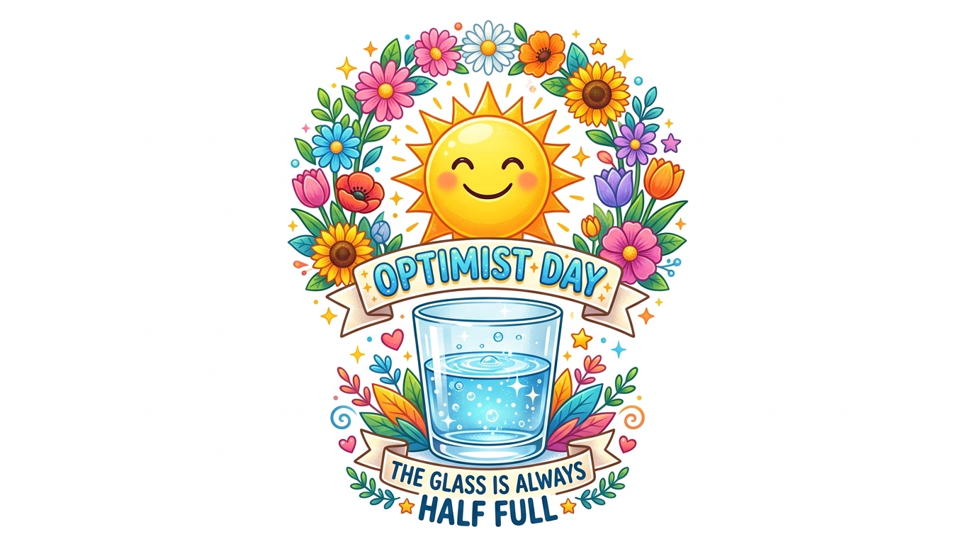 Optimist Day: Cheerful Sun, Half-Full Glass, and Bright Flowers for Positive Thinking - Feature Imagefeb 05