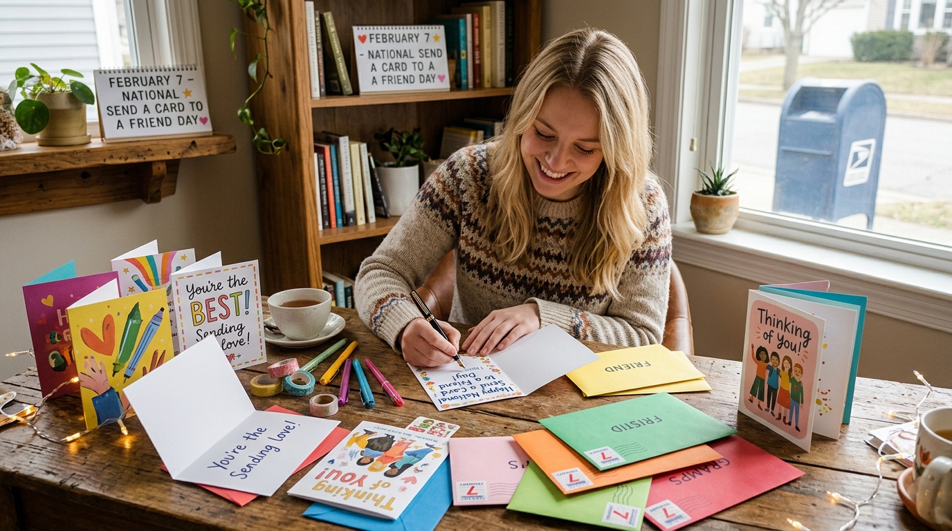Smiling Woman Pens Heartfelt Greeting Cards for Friends on National Card Day Celebration. - Feature Imagefeb 07