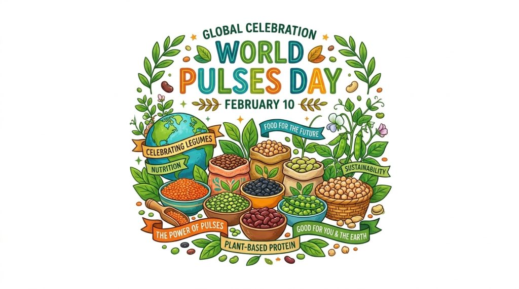 World Pulses Day Celebration Illustration with Legumes, Earth, and Health Messages - Feature Imagefeb 10 2