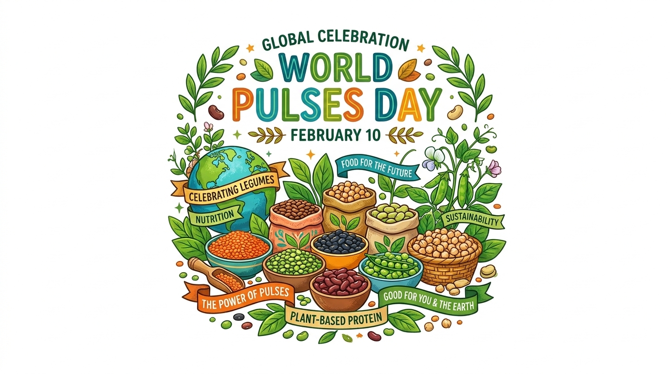 World Pulses Day Celebration Illustration with Legumes, Earth, and Health Messages - Feature Imagefeb 10 2