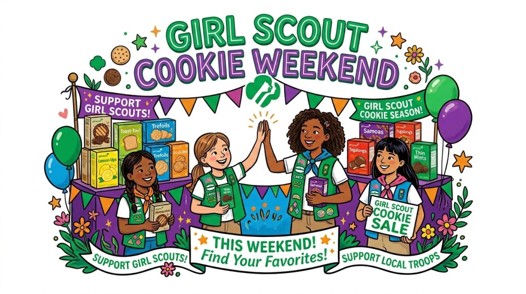 Girl Scout Cookie Weekend Celebration Illustration with Diverse Girls Selling Sweets - Feature Imagefeb 13 3