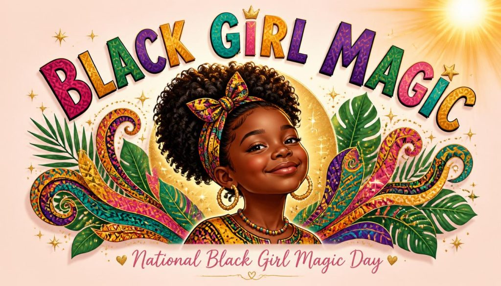 Black Girl Magic Day Celebration. Empowering Young Afro Child with Vibrant Design. - Feature Imagefeb 15