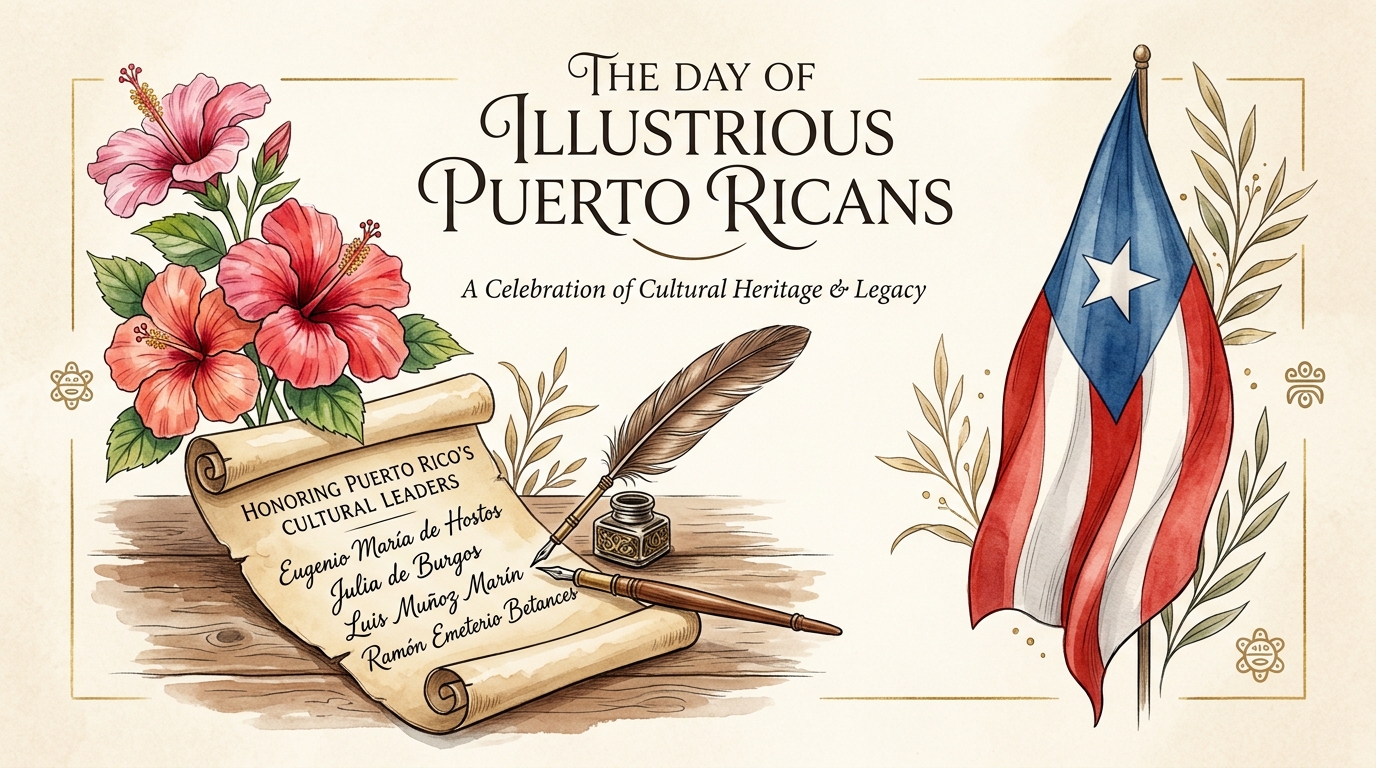 Illustrious Puerto Ricans Day: Cultural Heritage Celebration with National Flag, Hibiscus & Quill Art - Feature Imagefeb 16