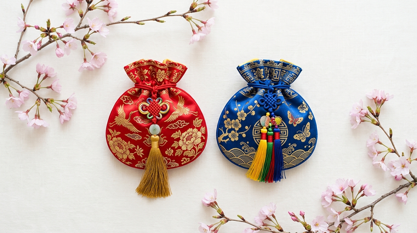 Traditional Korean Lucky Pouches, Maedeup Knots & Cherry Blossoms on White Background - Feature Imagefeb 17