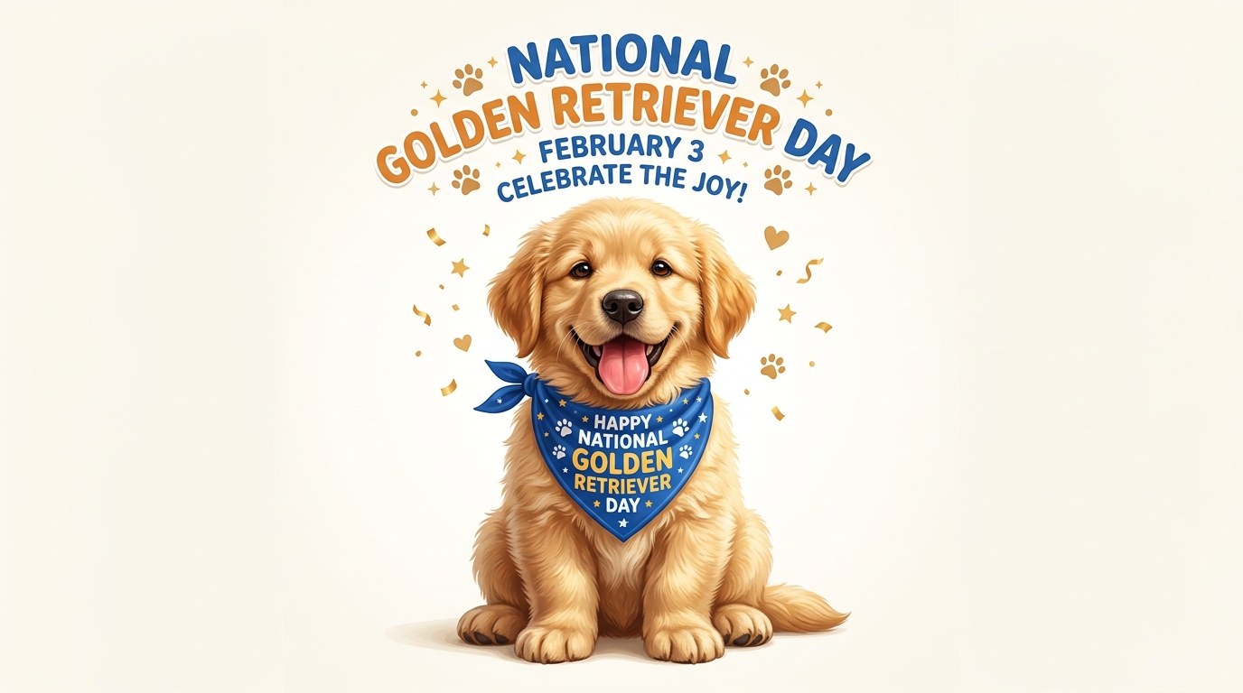 National Golden Retriever Day with Happy Puppy and Festive Confetti Background - Feature Imagefeb 03