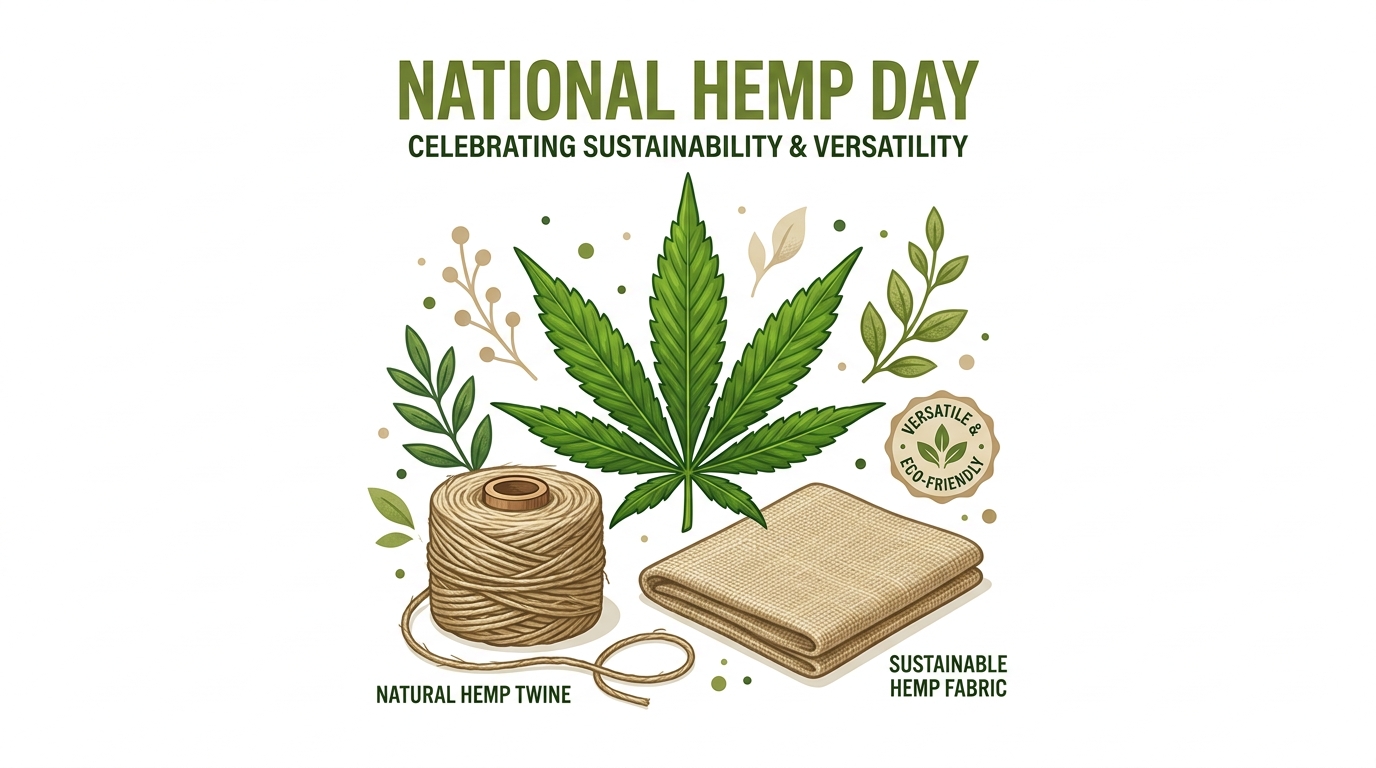 National Hemp Day Celebration: Sustainable Twine, Fabric & Leaf Illustration - Feature Imagefeb 04