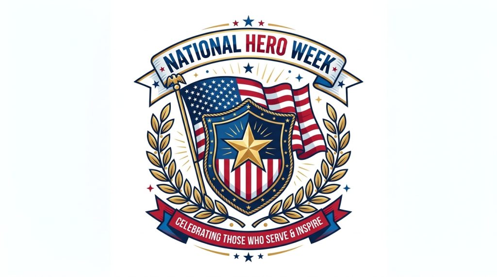 National Hero Week Emblem with US Flag, Shield, and Laurel Wreaths - Feature Imagefeb 08 3