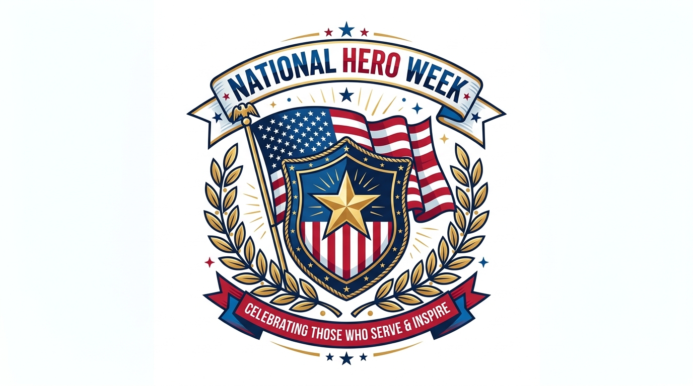 National Hero Week Emblem with US Flag, Shield, and Laurel Wreaths - Feature Imagefeb 08 3