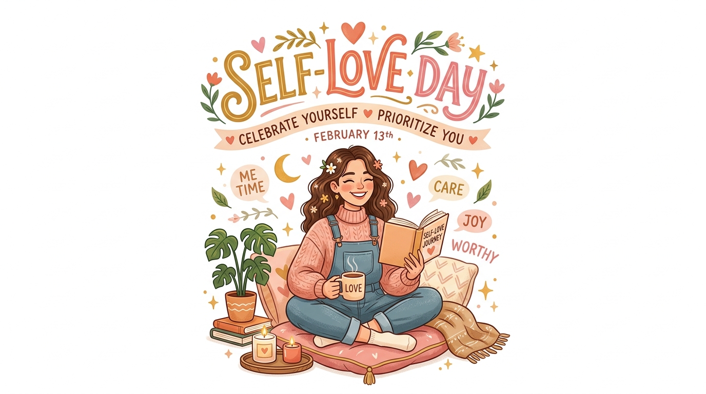 Self-Love Day Celebration Illustration: Happy Woman Reading, Prioritizing Well-being & Self-Care - Feature Imagefeb 13 1