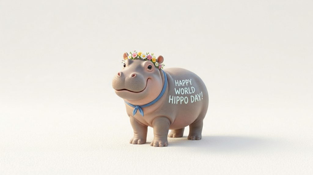Cheerful Cartoon Hippopotamus with Flower Crown Celebrates World Hippo Day - Feature Imagefeb 15 1