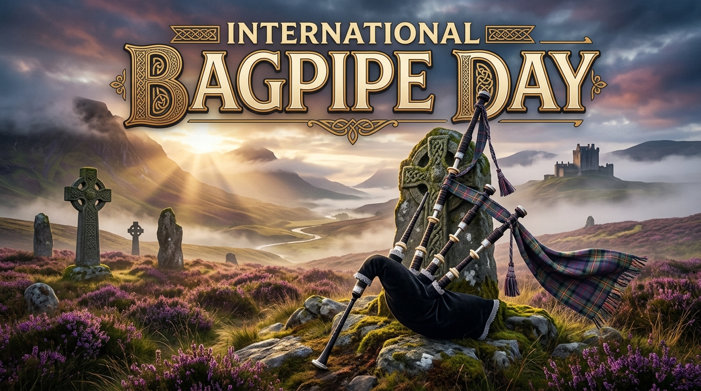 Bagpipes on a mossy stone in a Celtic landscape