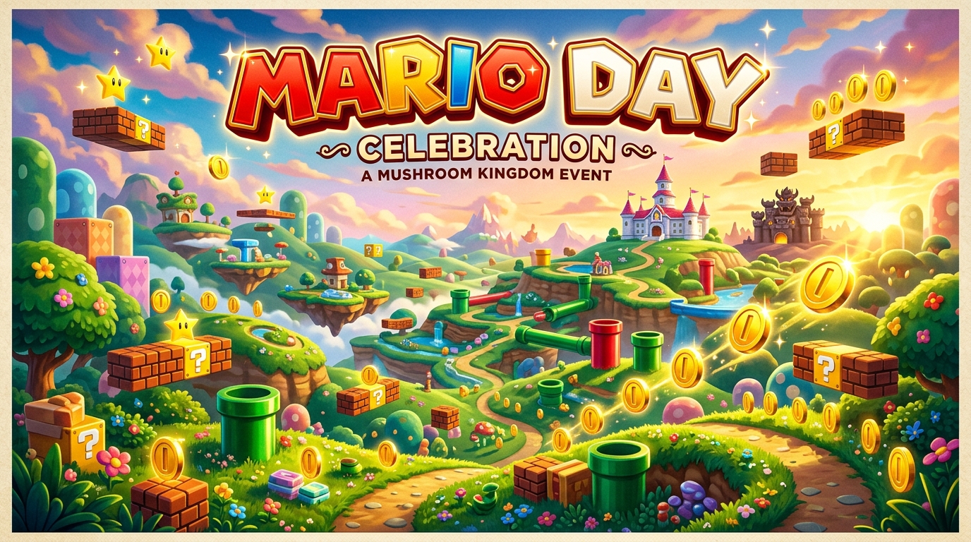 A colorful cartoon landscape with floating blocks, coins, and a castle