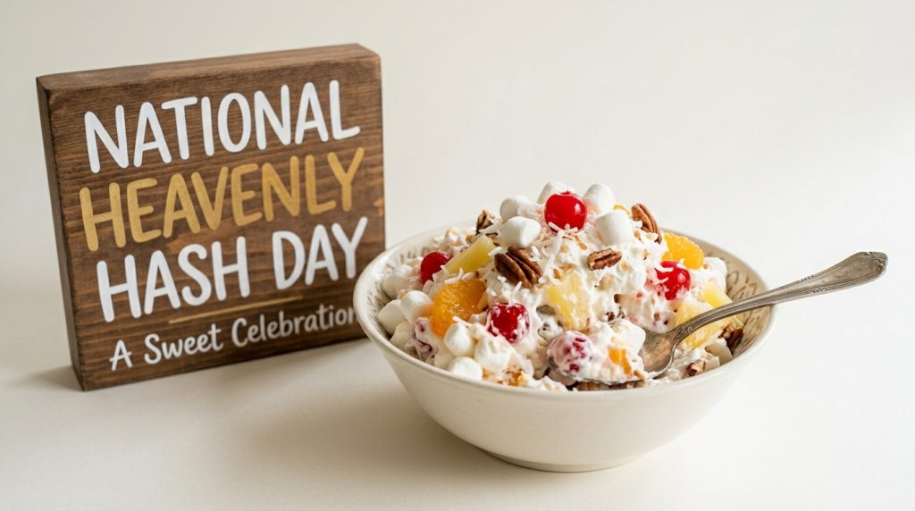 Heavenly Hash Salad Bowl with Fruit, Marshmallows, Nuts, and National Celebration Sign - National Heavenly Hash Day 202606131157