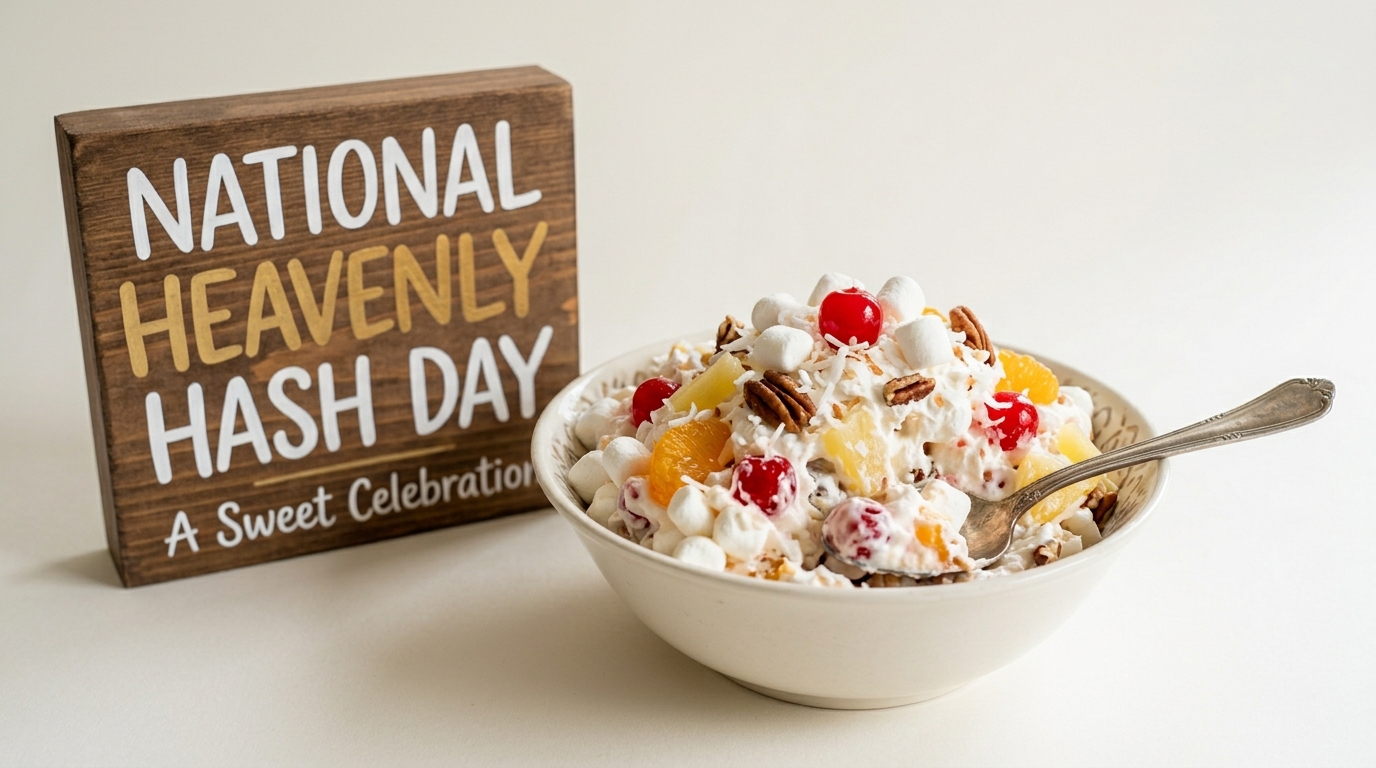 Heavenly Hash Salad Bowl with Fruit, Marshmallows, Nuts, and National Celebration Sign - National Heavenly Hash Day 202606131157