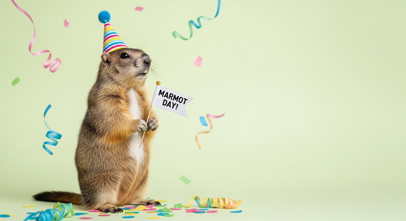 Marmot Day Celebration: Festive Groundhog in Party Hat Holding Flag with Confetti & Streamers - Whisk 5b3f9492d858e2f9d224ee6ab4ccf6e3dr 1