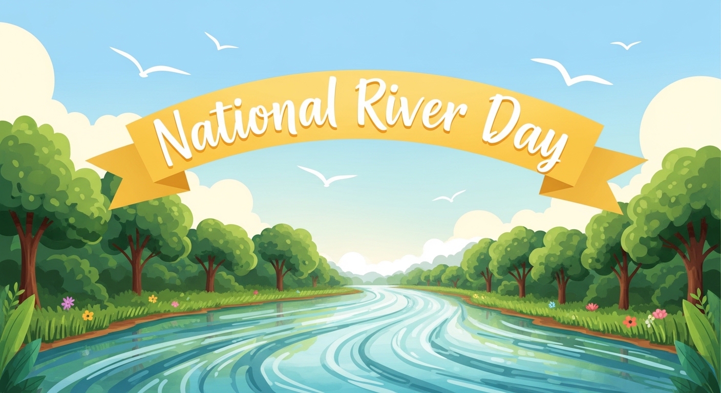 National River Day Celebration Banner with Lush Green Riverside Scenery - Whisk 5fa393c50e20bbd9ac74804d8224b72edr