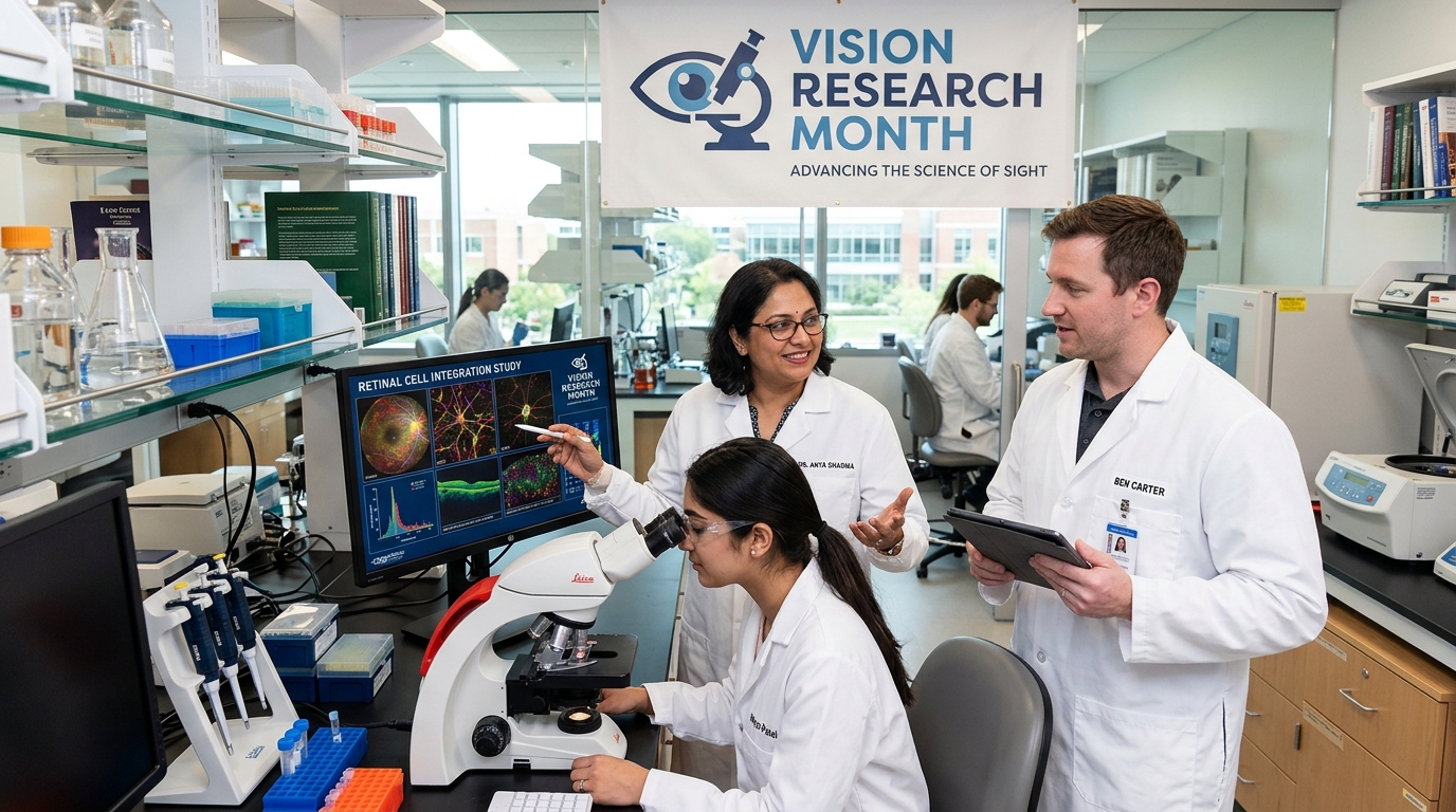 Scientists Collaborating on Retinal Cell Study in Modern Vision Research Lab - Feature Image June 101