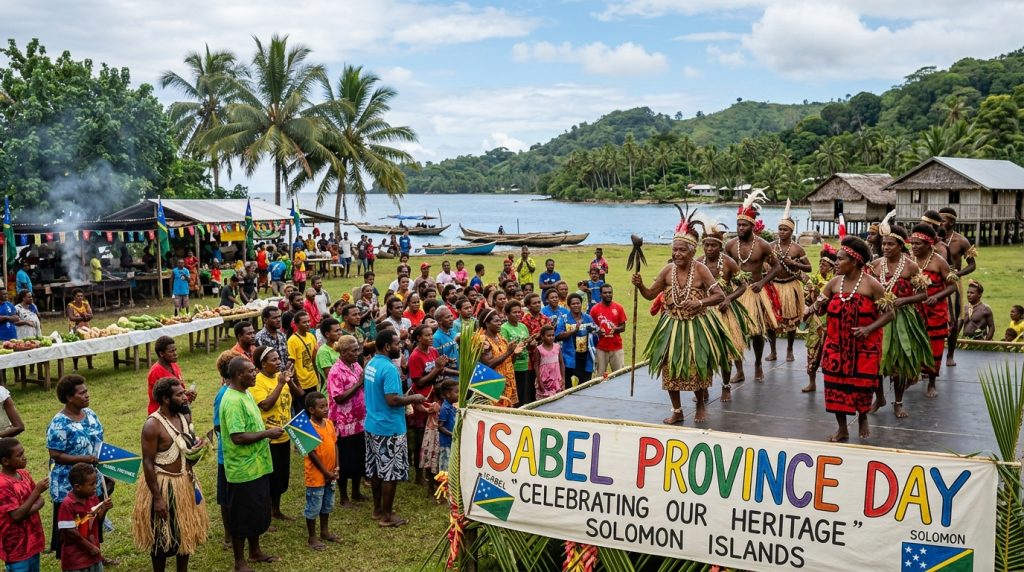 Isabel Province Day celebration in Solomon Islands. Indigenous people perform traditional dance at a cultural event by the ocean. - Feature Image June 104