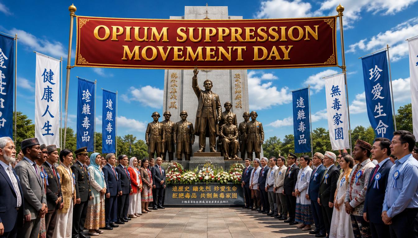 Opium Suppression Movement Day Commemoration Event with Diverse Group and Memorial - Feature Image June 117