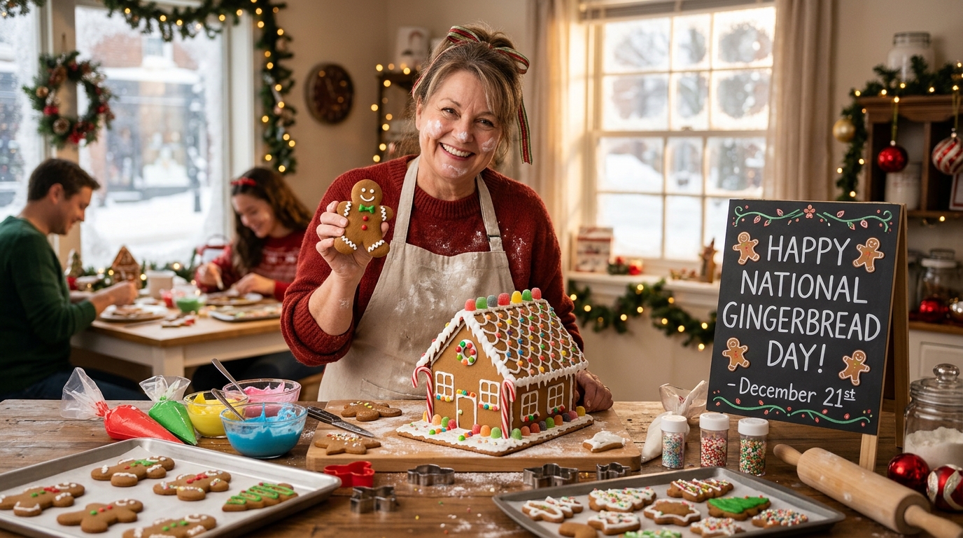 Happy Woman Decorates Gingerbread House & Cookies. Family Celebrates Festive Holiday Baking Tradition - Feature Image June 133