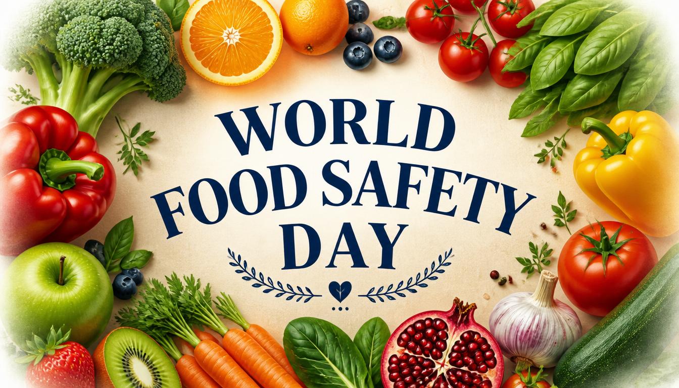 World Food Safety Day Banner with Fresh Fruits and Vegetables Border - Feature Image June 166
