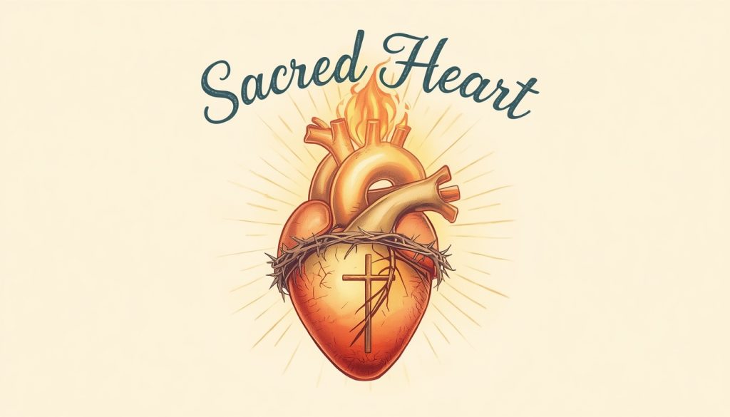 Sacred Heart Religious Icon Illustration with Crown of Thorns, Flames, and Radiant Light - Feature Image June 274