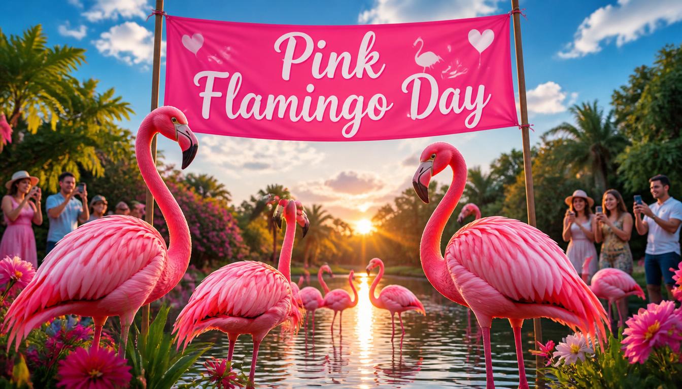 Pink flamingo statues standing in water with people and flowers around