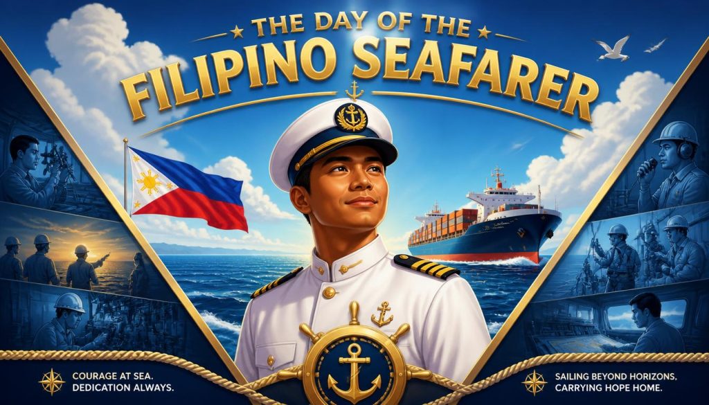 A Filipino man in a white naval uniform and hat standing in front of a Philippine flag and a cargo ship at sea