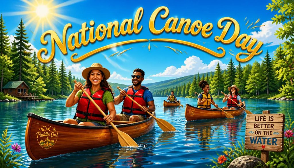 People in canoes on a lake with trees and a cabin
