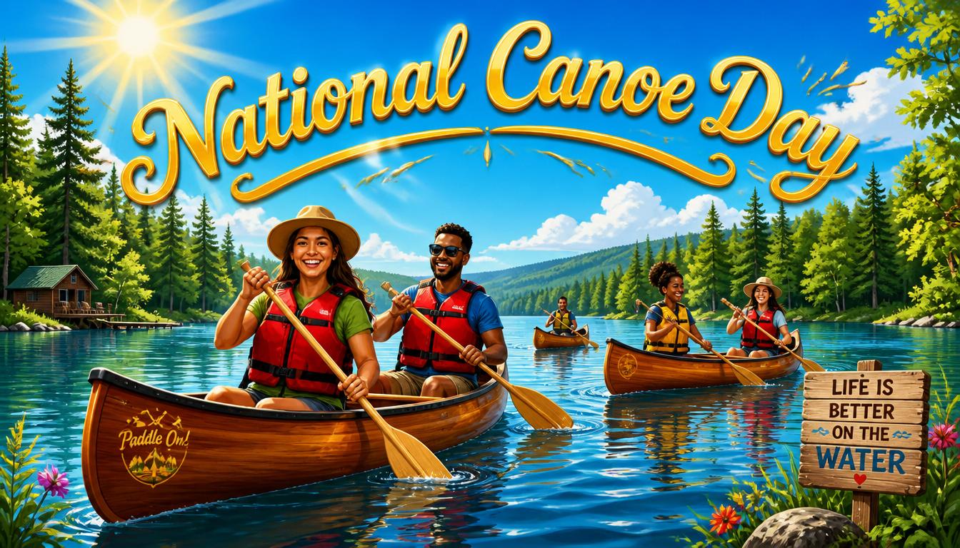 People in canoes on a lake with trees and a cabin