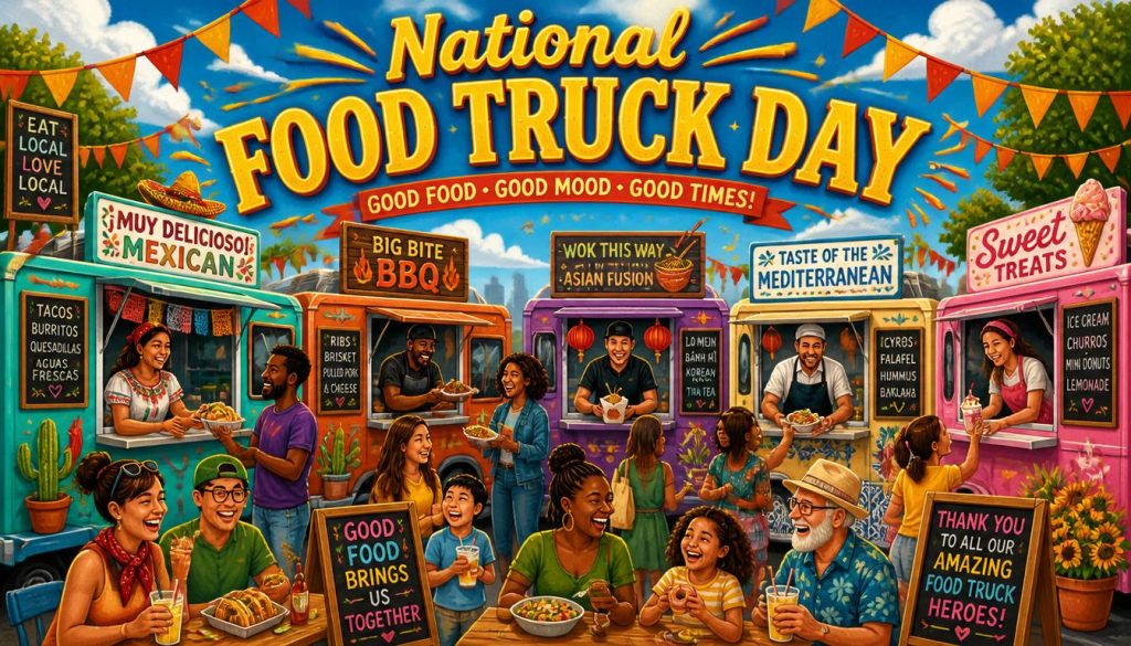 Illustration of people enjoying food from various colorful food trucks