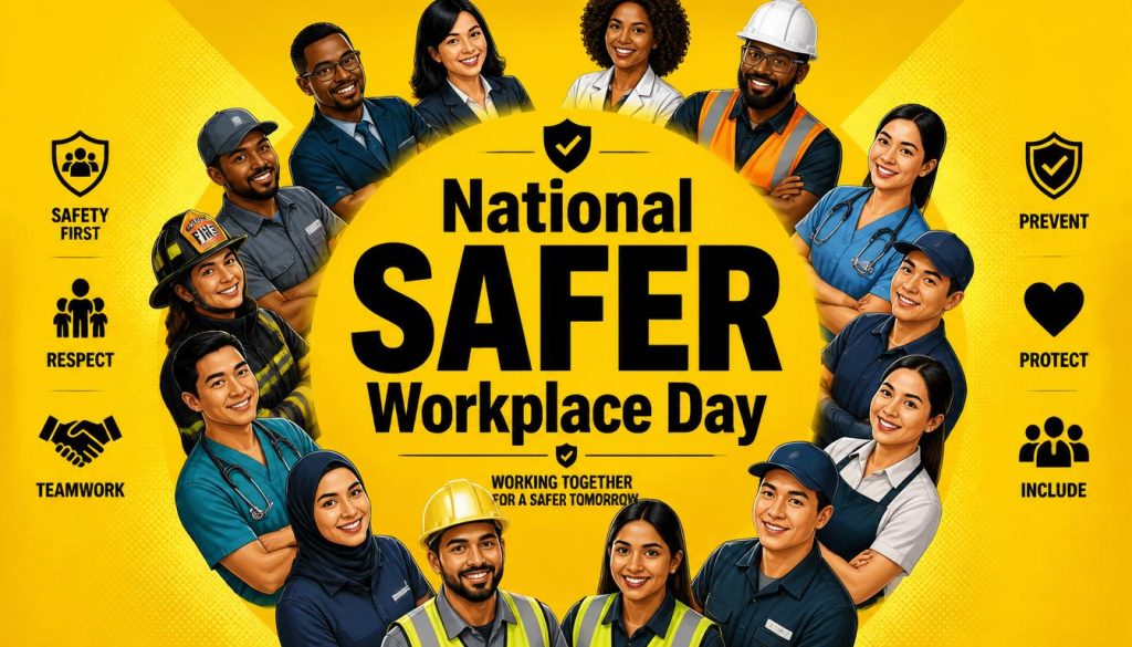 Diverse group of workers in safety gear on yellow background
