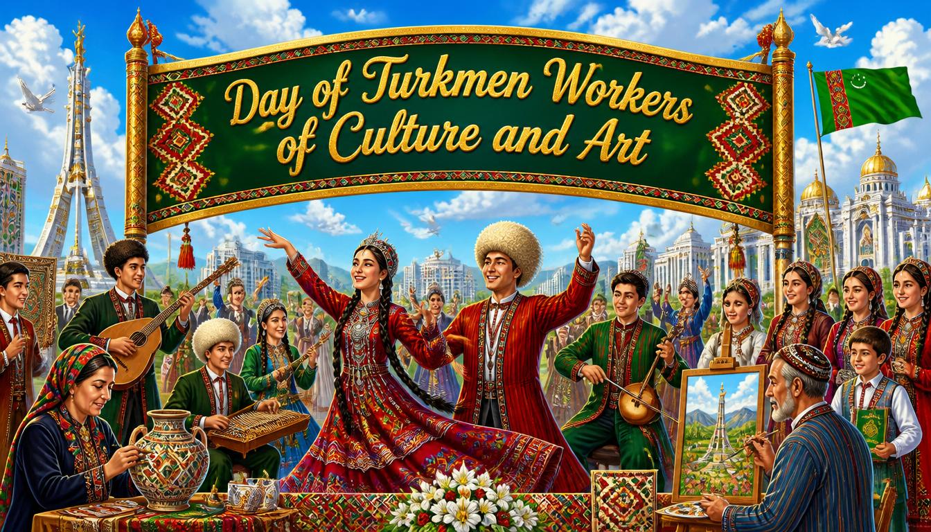 Illustration of people in traditional clothing celebrating with musical instruments and art