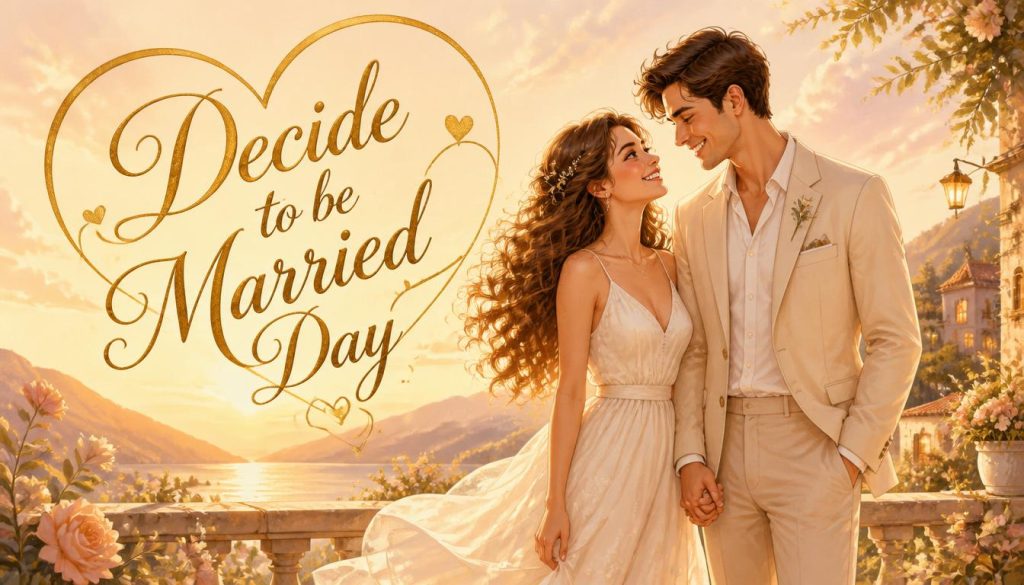 A smiling man and woman in wedding attire hold hands on a scenic balcony