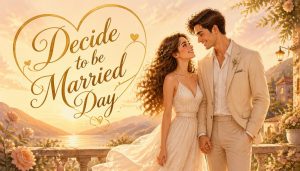 A smiling man and woman in wedding attire hold hands on a scenic balcony