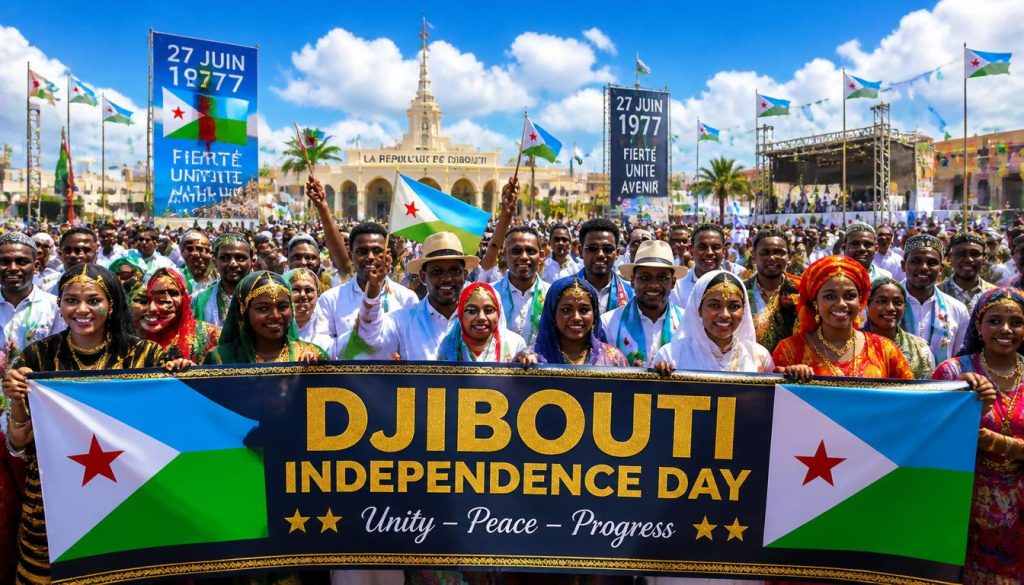 Crowd of people holding a banner for Djibouti Independence Day