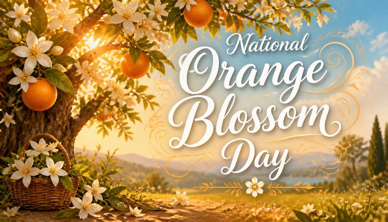 Oranges and blossoms on a tree with a basket