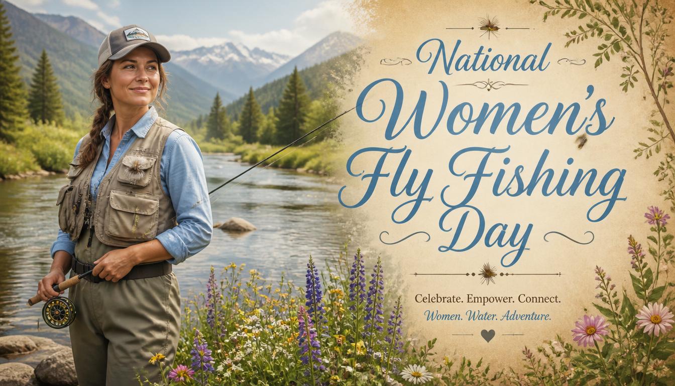 Woman in fishing gear standing by a river with mountains in the background