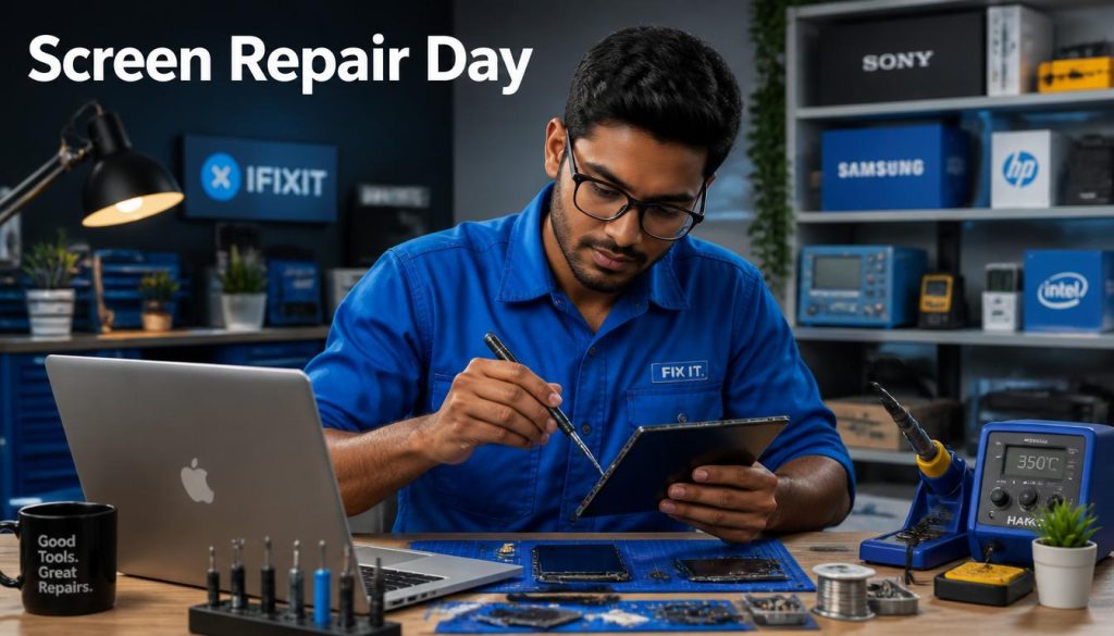Man in blue shirt using tool to repair tablet at desk with laptop and equipment