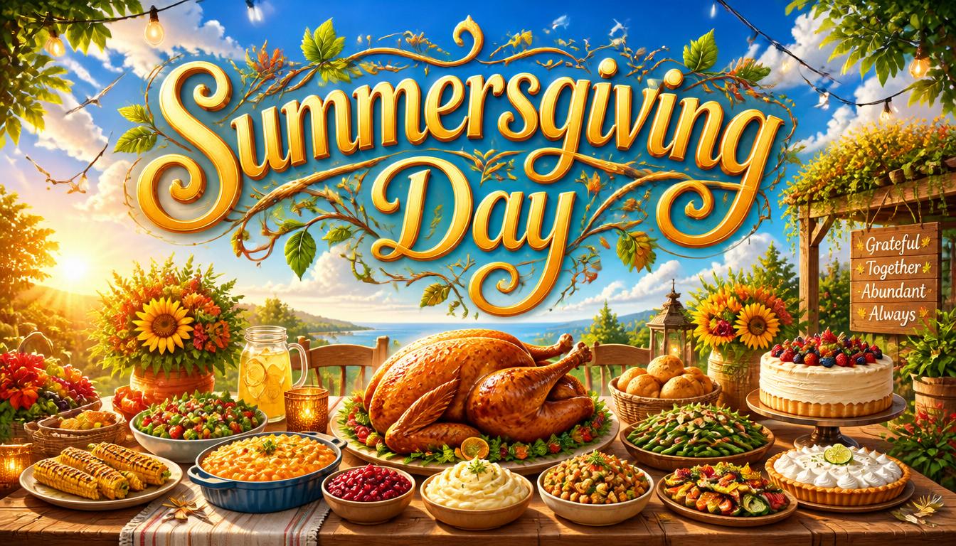 A table full of food including a turkey and various side dishes under a sunny outdoor setting