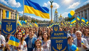 A crowd of people in traditional clothing holding Ukrainian flags and signs