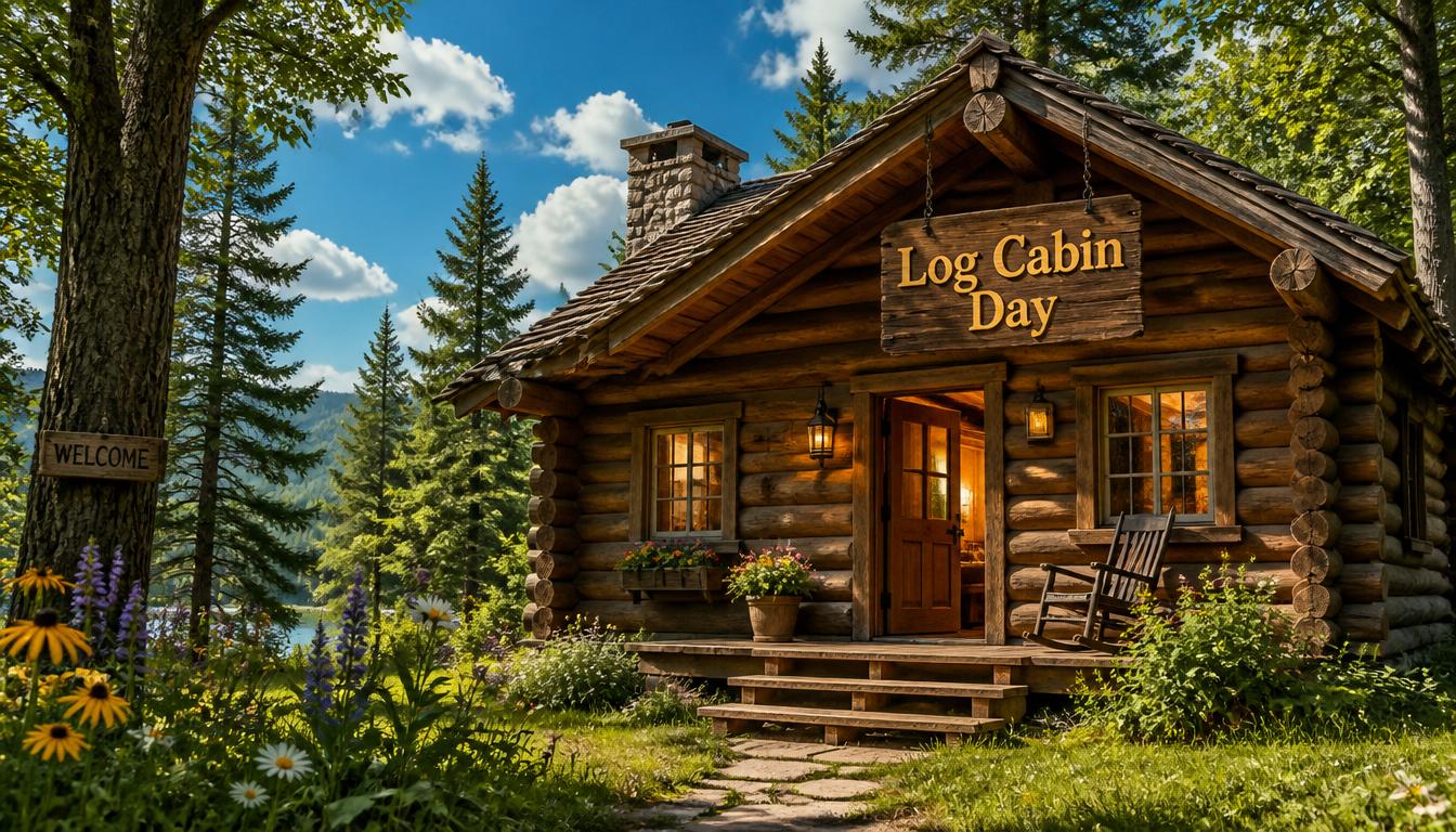 A rustic log cabin with a wooden sign reading Log Cabin Day