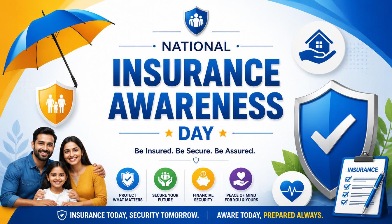 A family of three smiling with a shield and umbrella