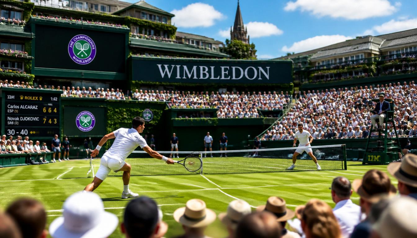 Two tennis players on a grass court with spectators in the stands