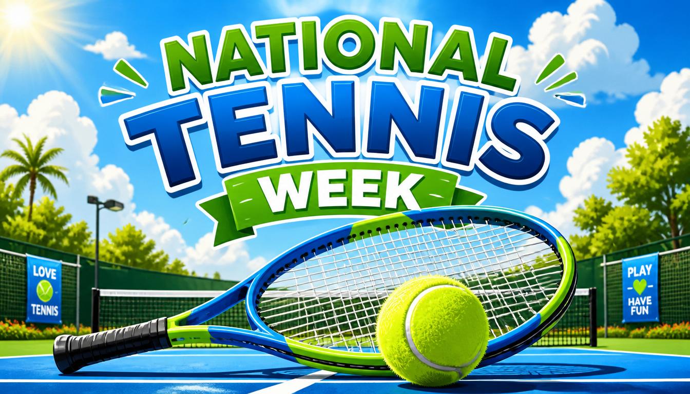 Tennis racket and ball on court with National Tennis Week text