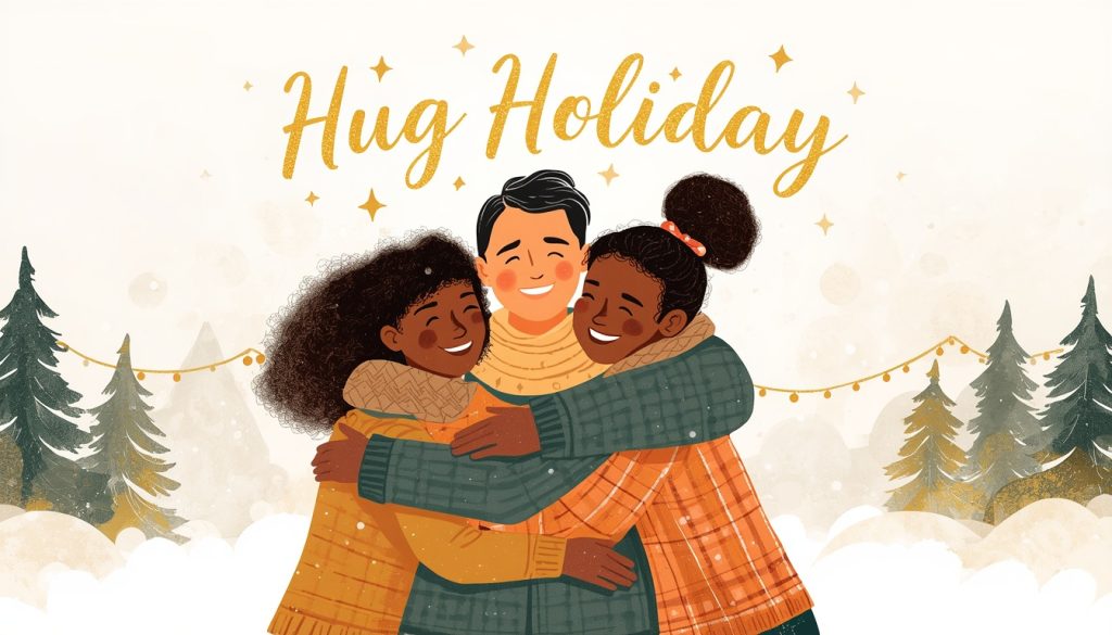 Illustration of a man hugging two women in a snowy forest