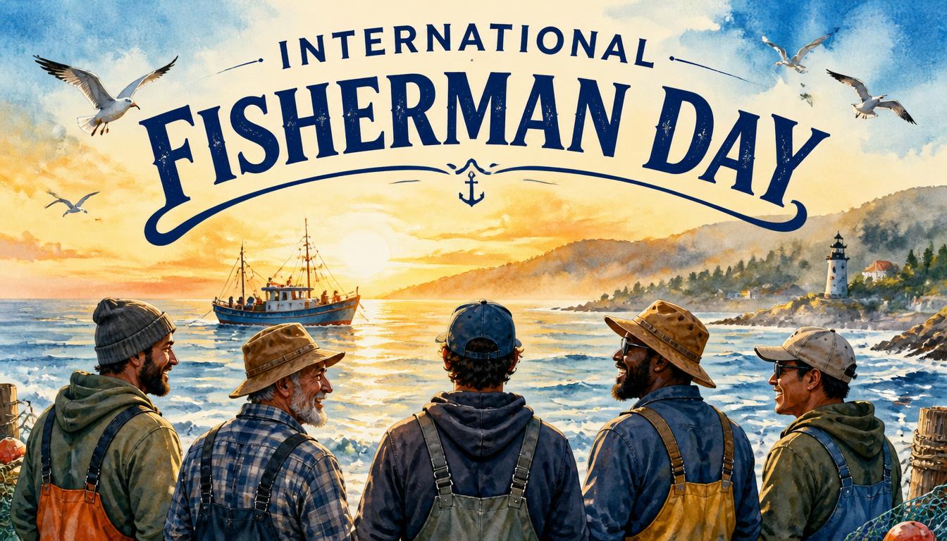 Five men in fishing gear look out at a boat on the water
